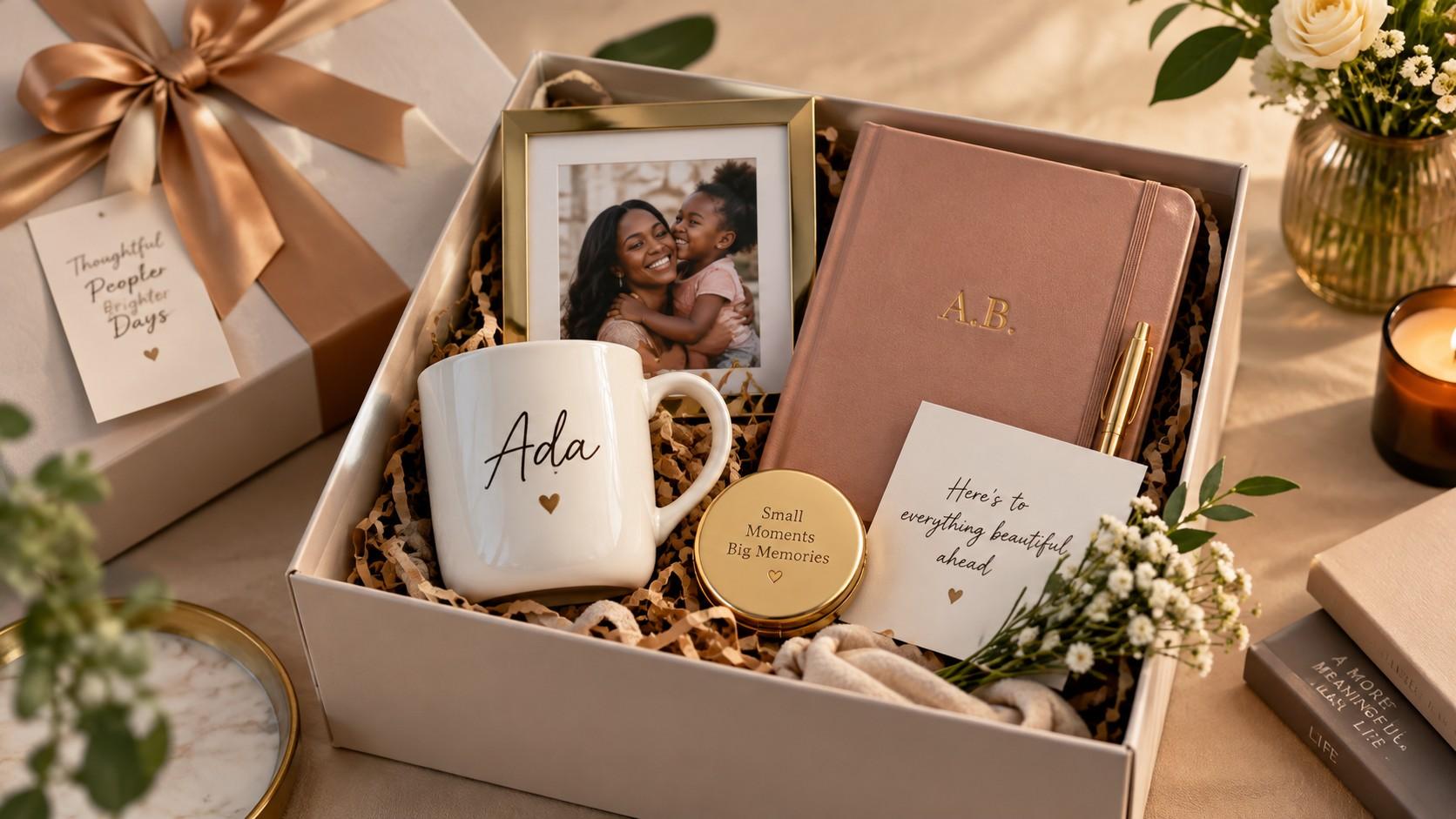 A personalised gift box with a named mug, monogrammed journal, framed photograph and keepsakes